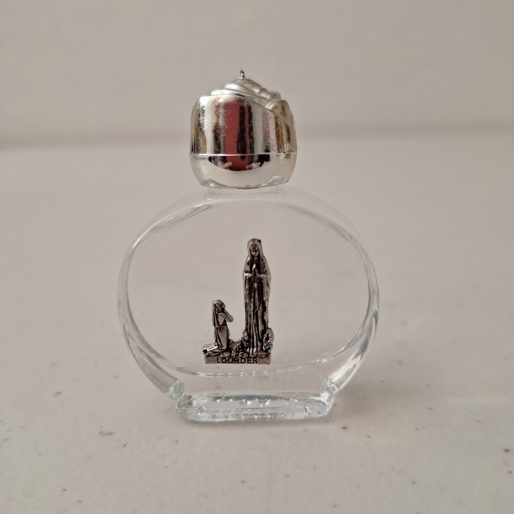 Lourdes French Catholic bottle Of Holy Water Mother Mary in Silver plated - Picture 3 of 10